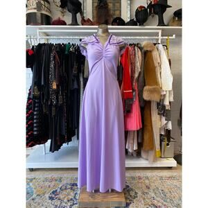vintage 1970s lilac ruched maxi dress, purple polyester and lace, small, mod